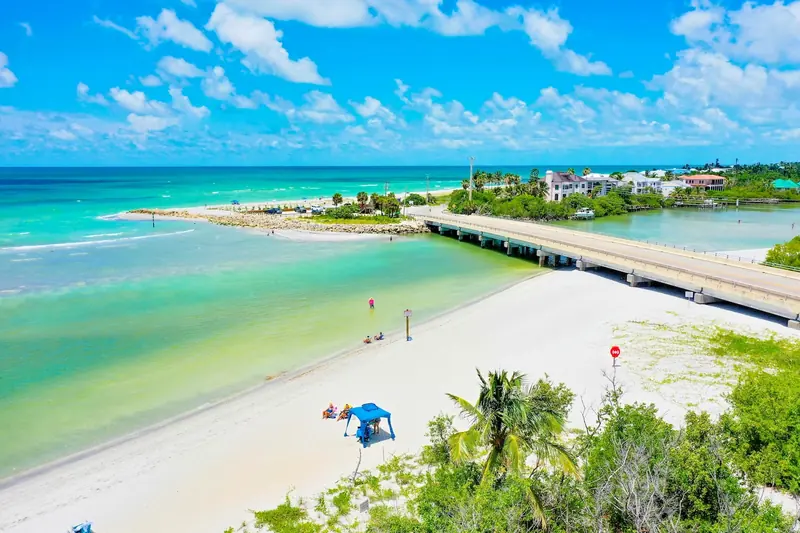 Aerial view of Blind Pass and the bridge between Sanibel and Captiva