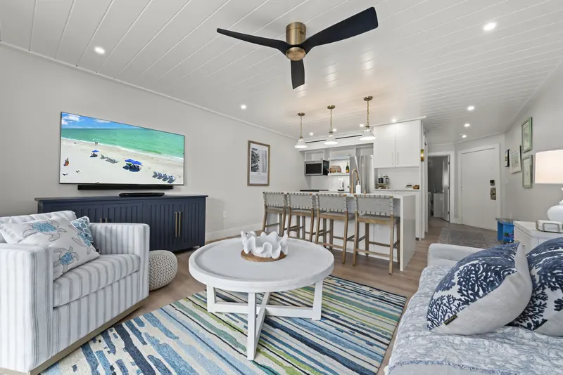 Designer living room with sleeper sofa and smart TV